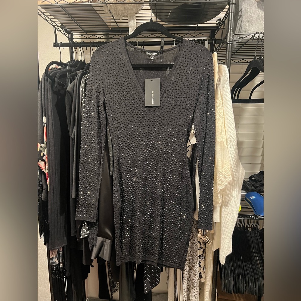 Black Mesh Rhinestone Dress - Picture 3 of 4
